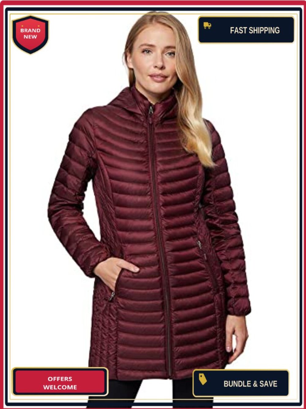 650 Fill Down 3/4 Length Long Jacket Detachable Hood Water Repellent Nylon